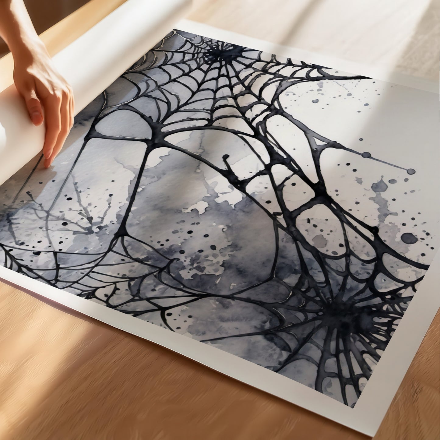 “Shadowed Web” fremhever kontrasten mellom lys og mørke i et dramatisk svart-hvitt akvarellmotiv. De intrikate trådene i nettet fremstår tydelig mot en røykaktig bakgrunn, og skaper et minimalistisk, men kraftfullt uttrykk. Illustrasjon viser plakat på print.