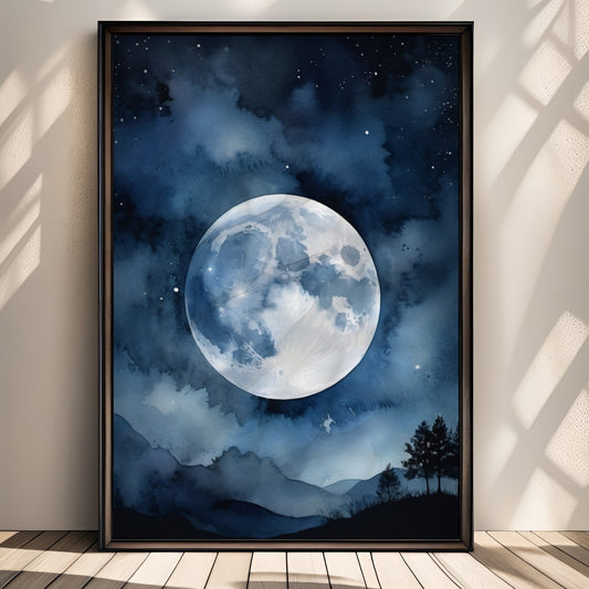 “Silent Moon” er et minimalistisk, men kraftfullt motiv av fullmånen som henger lavt over et blålig landskap. Illustrasjon viser plakat uten hvit kant i sort ramme.
