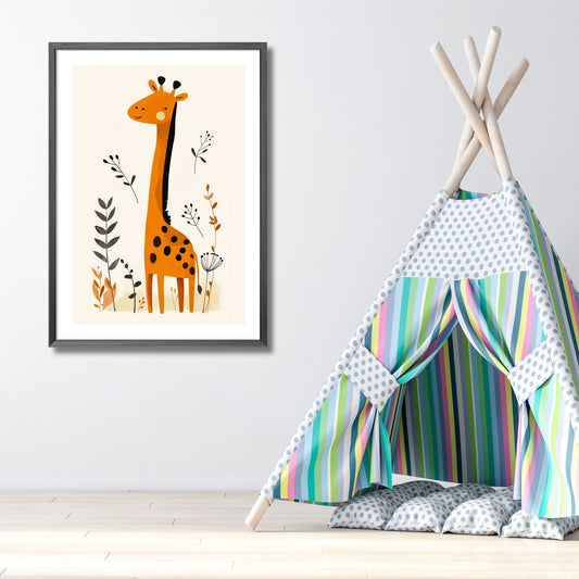 Sjiraff - Grafisk illustrasjon - barneplakat. Illustrasjonsbilde viser plakat i ramme på et barnerom.