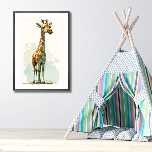 Sjiraff - Grafisk illustrasjon - barneplakat. Illustrasjonsbilde viser plakat i ramme på et barnerom.