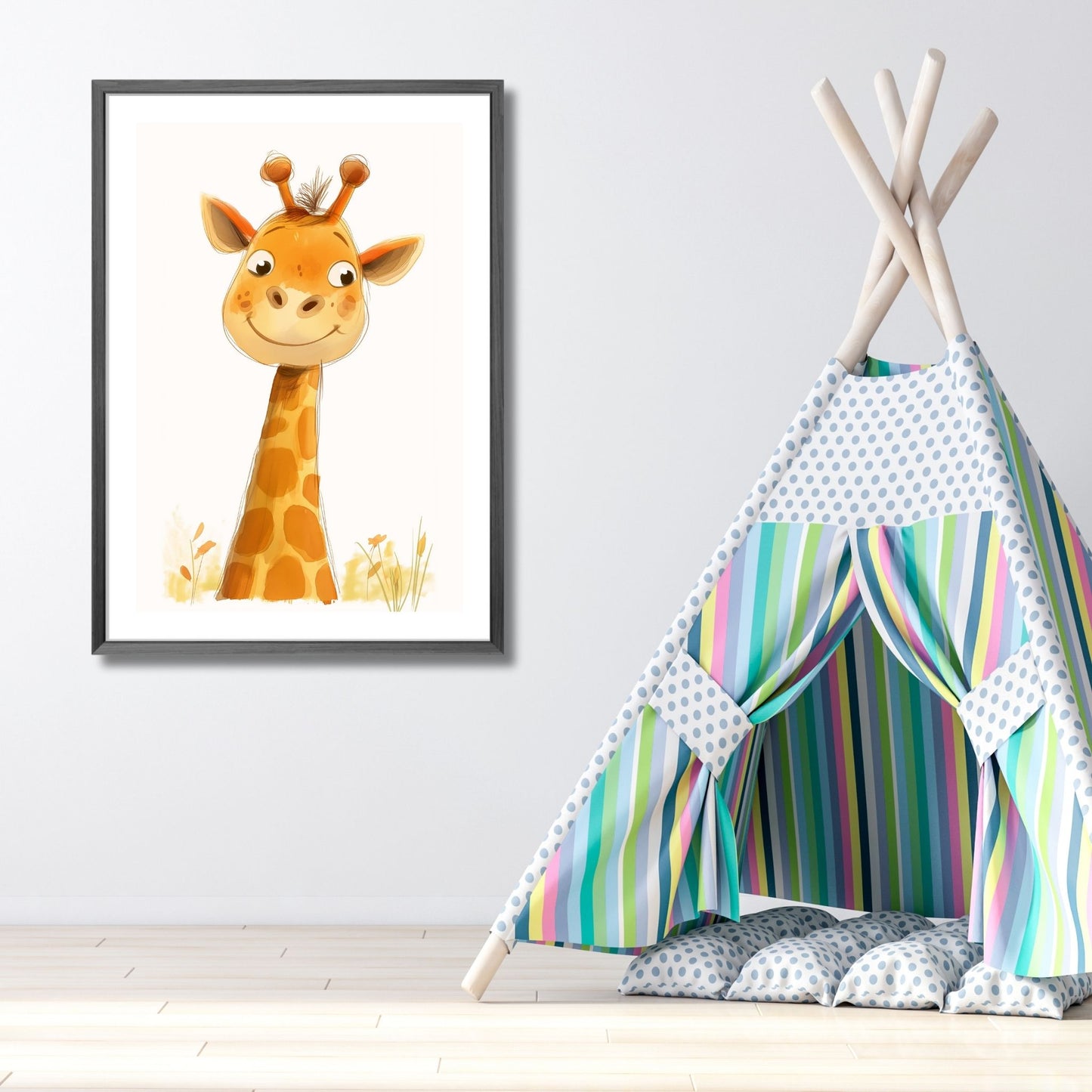 Sjiraff - Grafisk illustrasjon - barneplakat. Illustrasjonsbilde viser plakat i ramme på et barnerom.