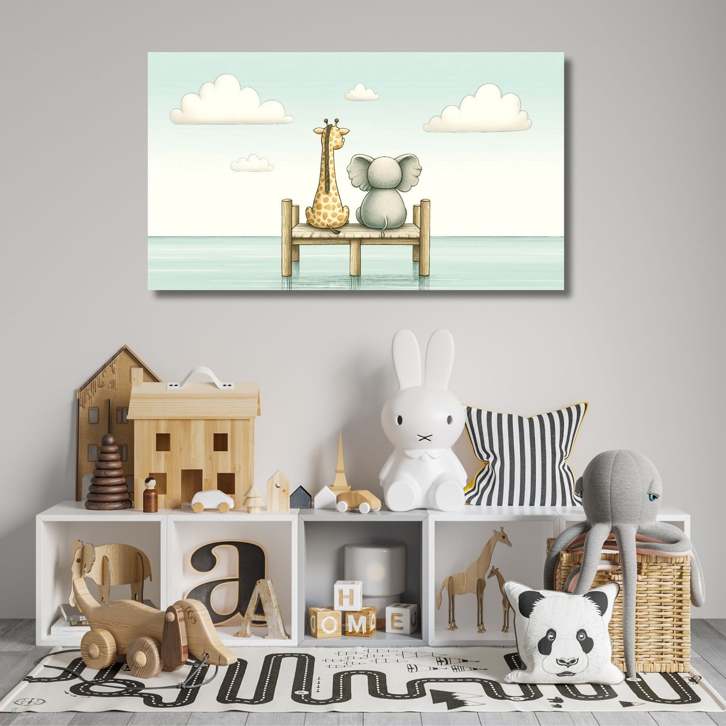 En sjarmerende plakat som viser en sjiraff og en elefant som sitter sammen på en brygge, og nyter utsikten over vannet. Illustrasjonsfoto viser motivet på lerret.