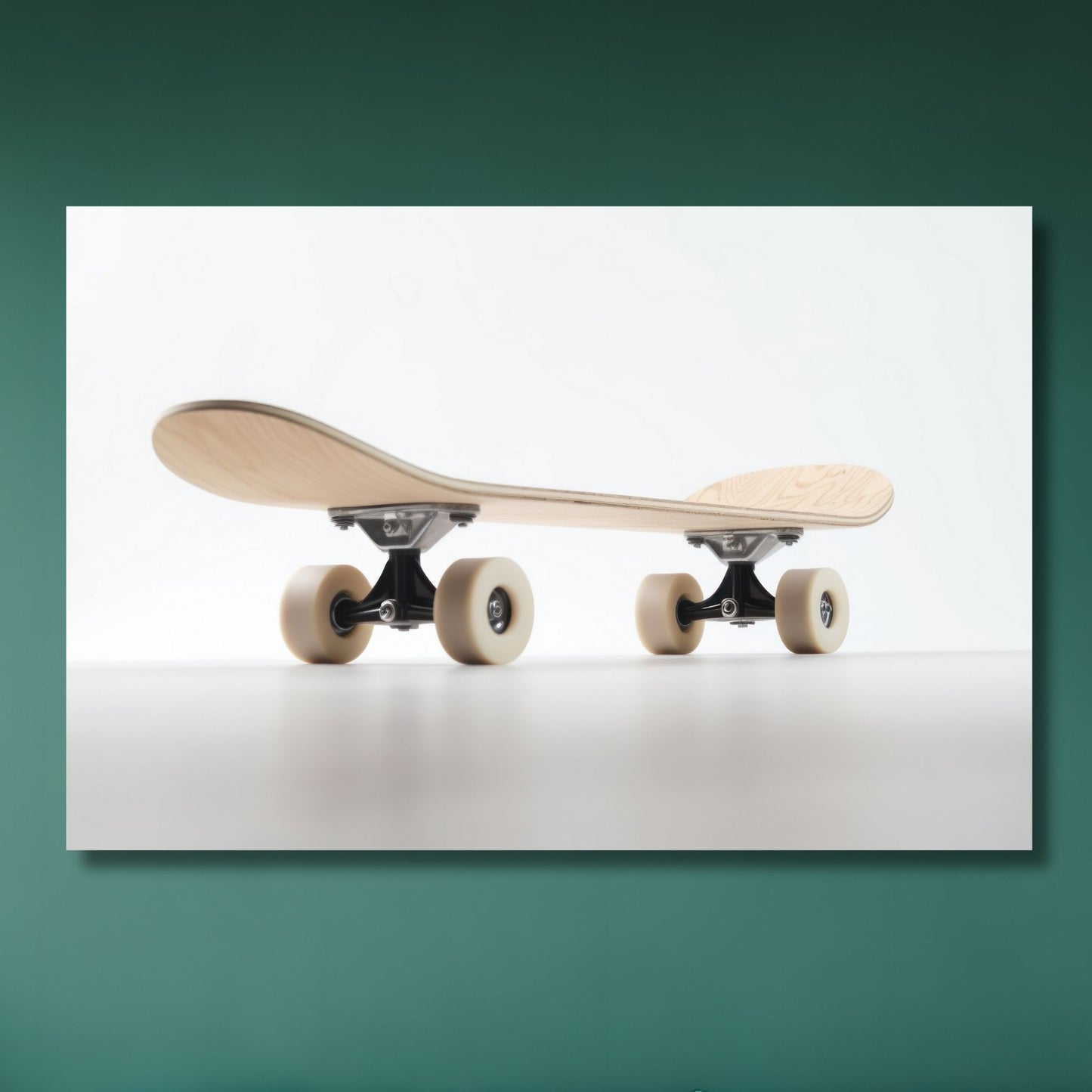 Oppdag den unike sjarmen med vår "Skateboard" plakat og lerret, en grafisk fremstilling av et skateboard i lys eik. Illustrasjonsfoto viser motivet på lerret.