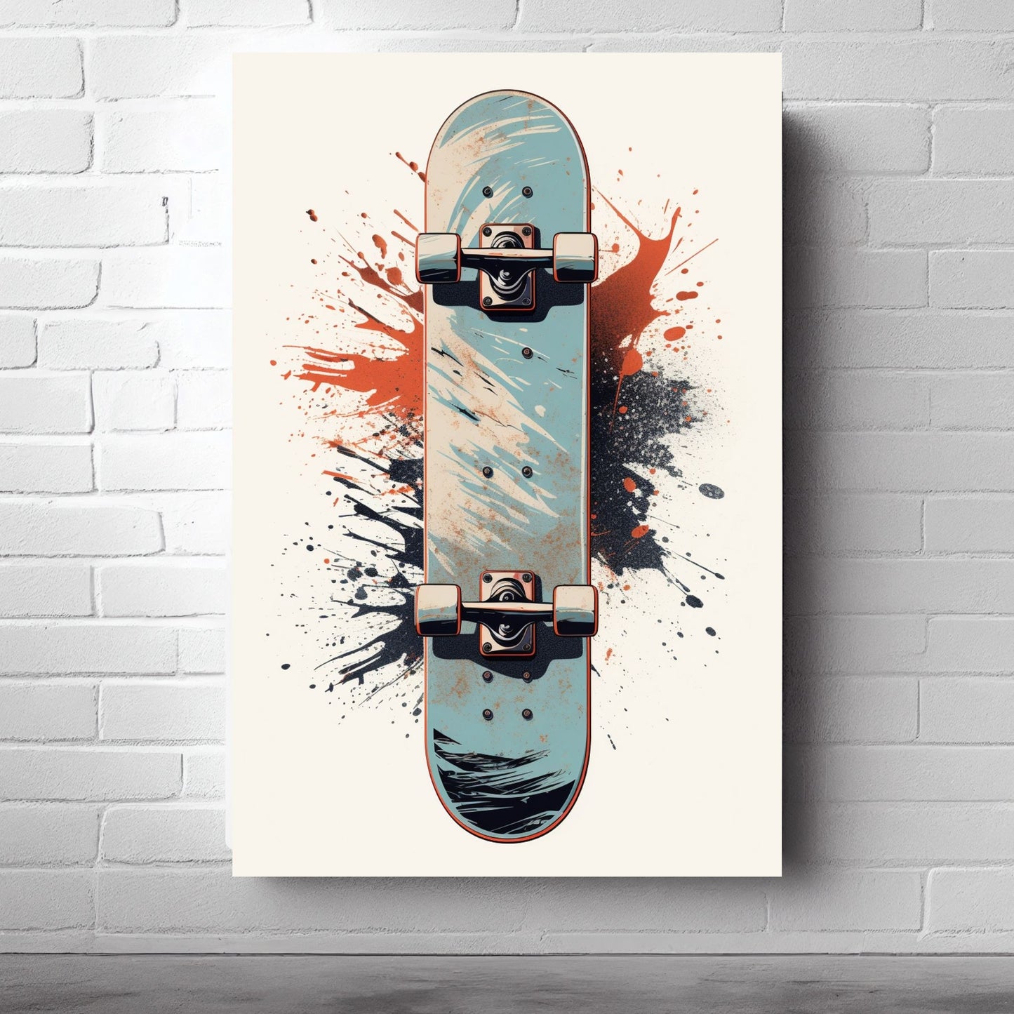Oppdag vår fantastiske Skateboard Plakat og Lerret – en grafisk illustrasjon som bringer energien og spenningen fra skateboardverdenen rett inn i ditt hjem. Illustrasjonsbildet viser plakaten på lerret.