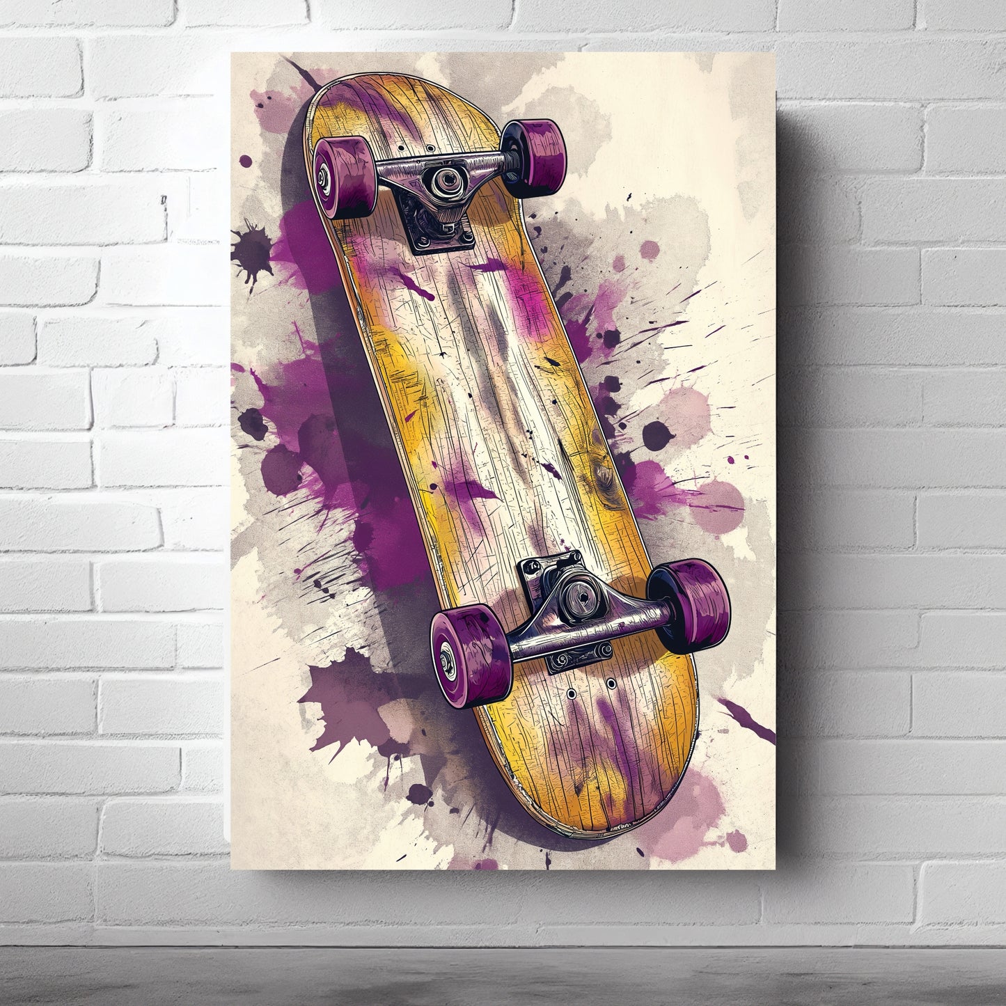 Denne plakaten viser et skatoard laget av tre og prydes av en slående lilla splash som virkelig skiller seg ut. Illustrasjonsfoto viser plakaten som lerret.