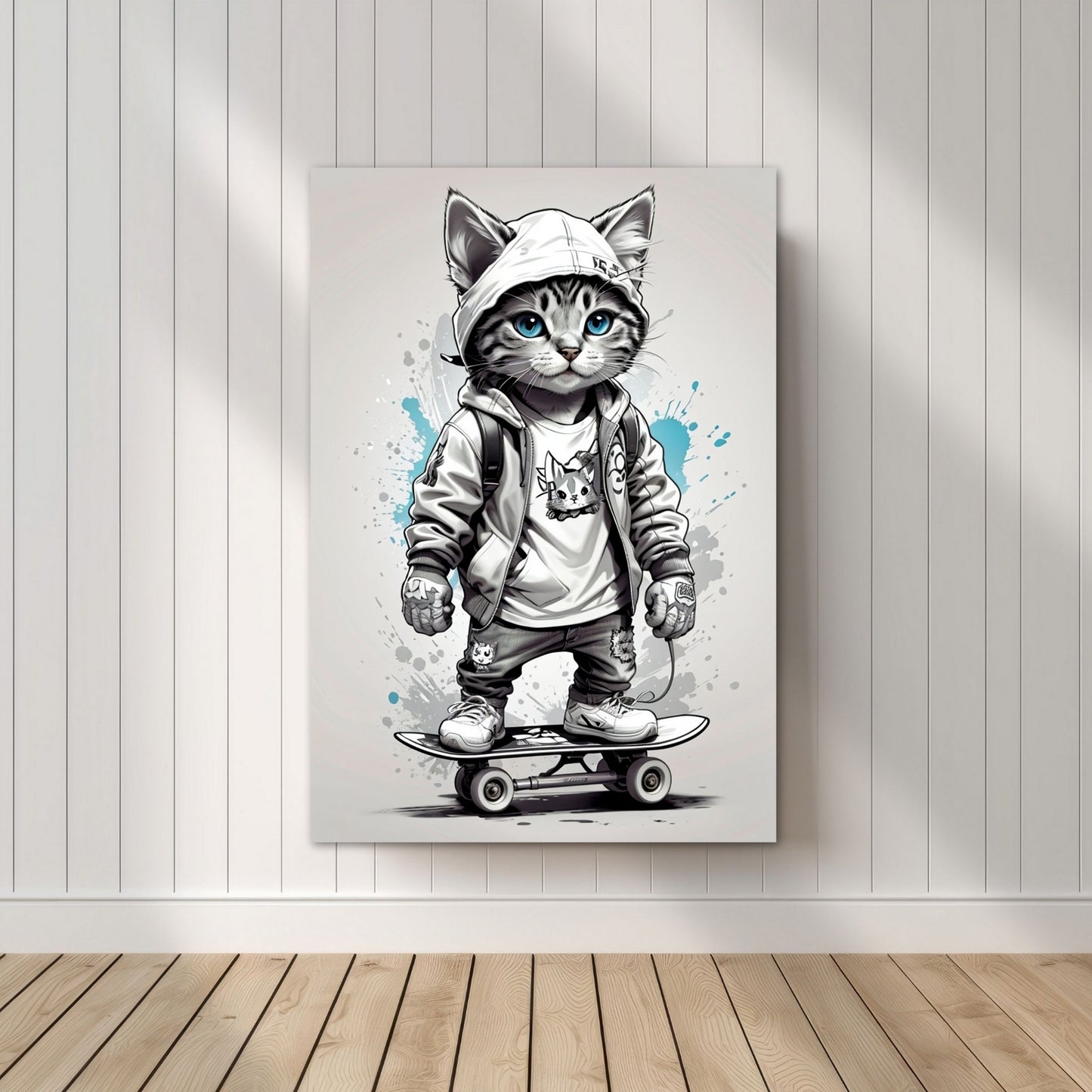 Denne unike plakaten eller lerretet viser en katt som står på skateboard, ikledd hettejakke, cool bukse og sneakers. Motivet har en fargerik splash i turkis på grå bakgrunn. Illustrasjonsfoto viser motivet på lerret.