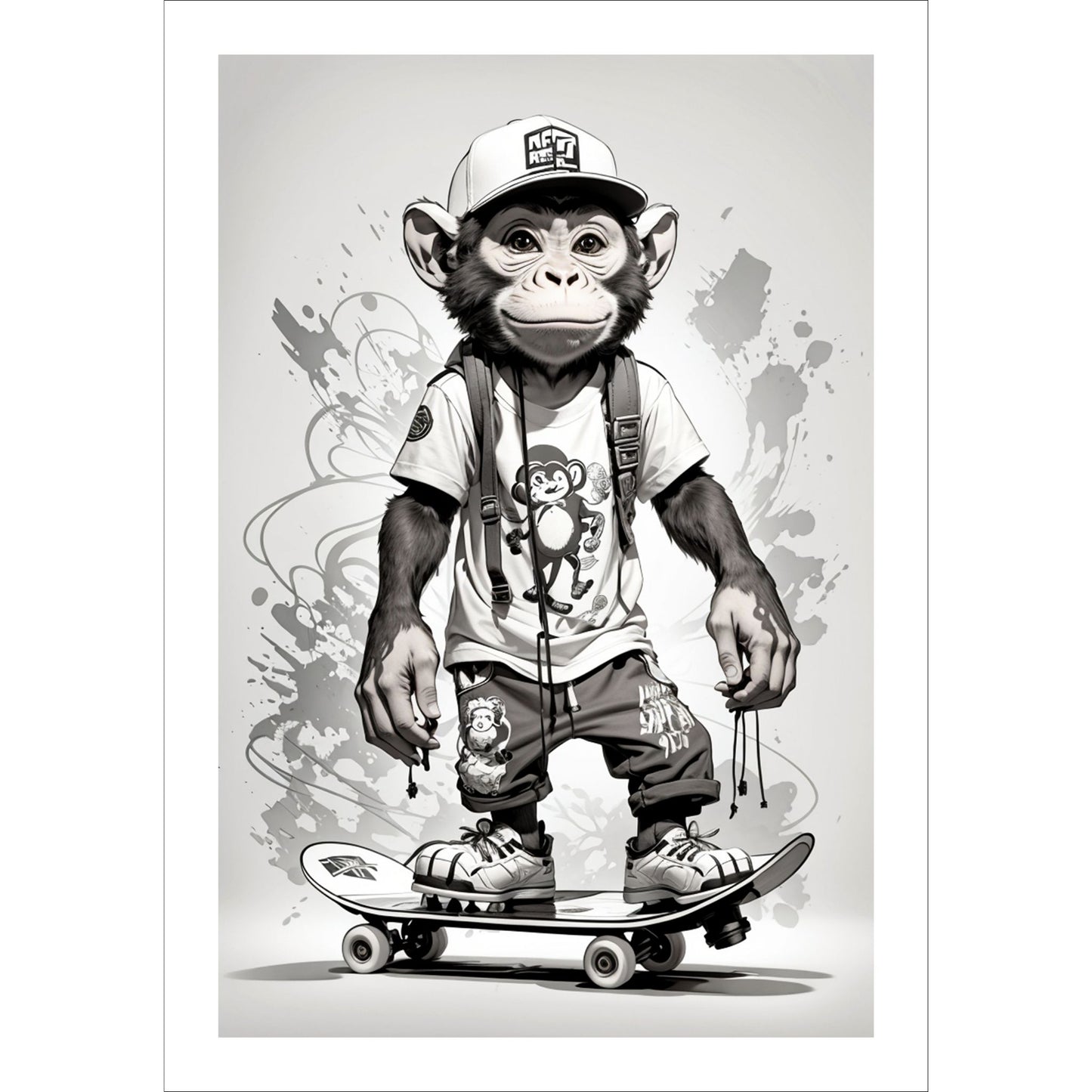 Denne unike plakaten eller lerretet viser en ape som står på skateboard, ikledd shorts, skjorte og caps. Bakgrunnen har et stilig abstrakt mønster i gråfarger, noe som gir en flott helhet til motivet.