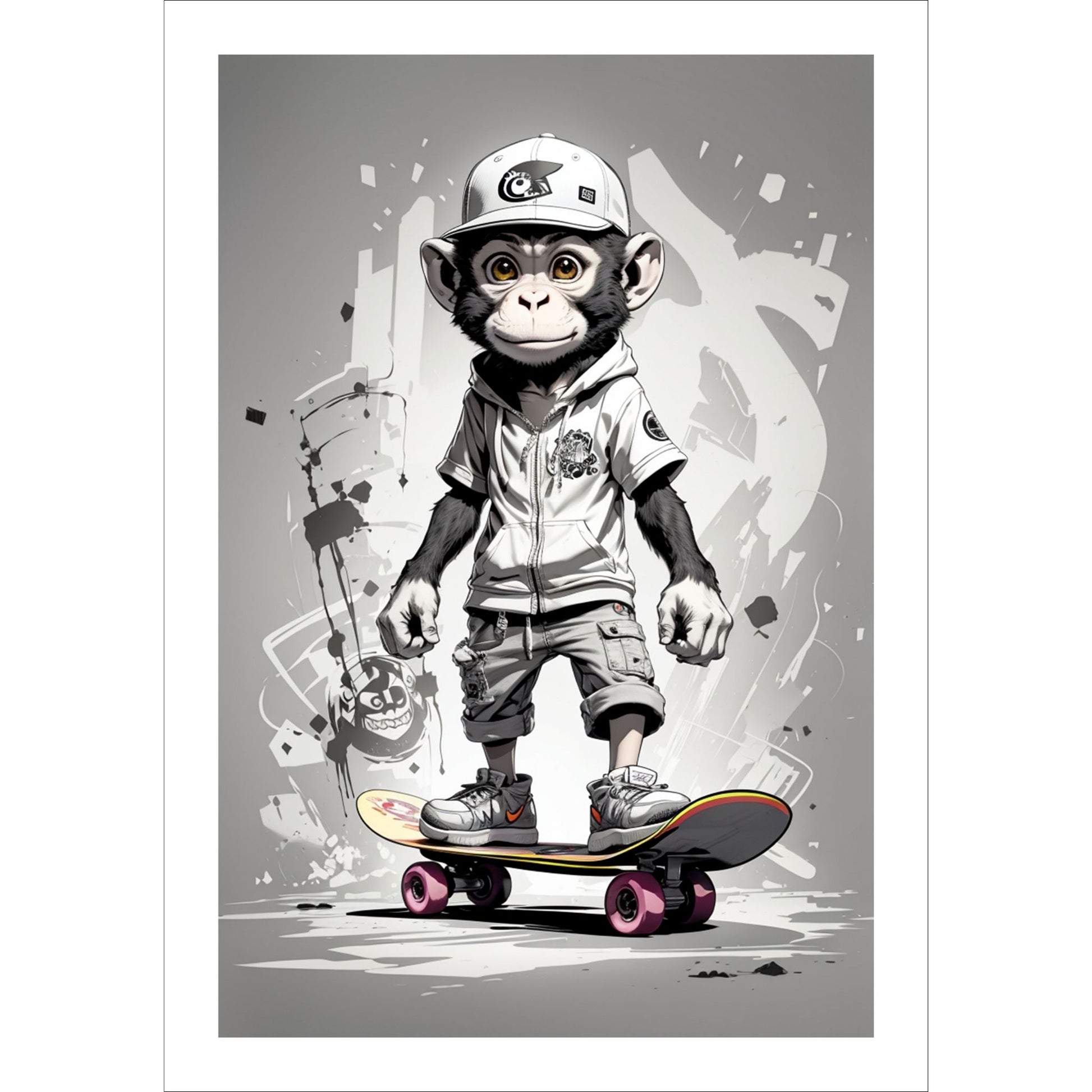 Denne unike plakaten eller lerretet viser en ape som står på skateboard, ikledd shorts, skjorte og caps. Bakgrunnen har et stilig abstrakt mønster i gråfarger, noe som gir en flott helhet til motivet.