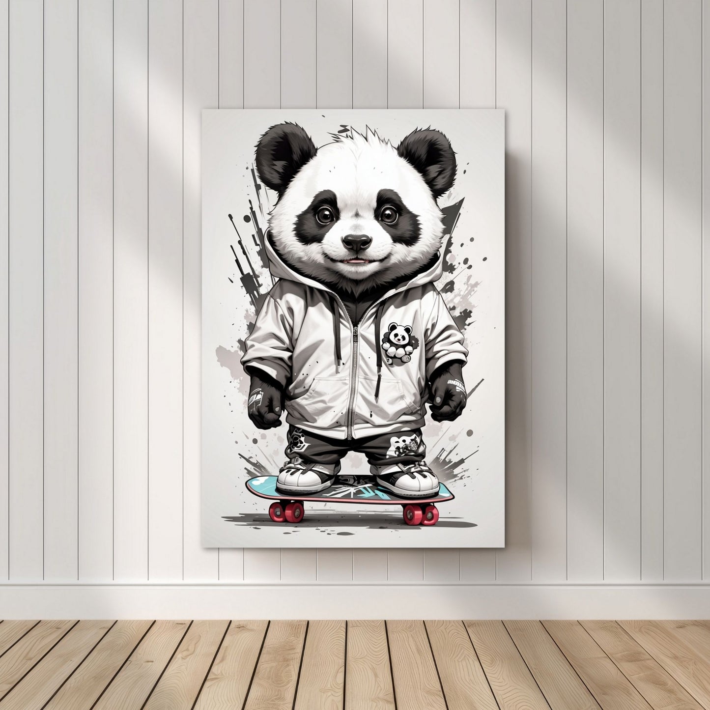 Denne unike plakaten eller lerretet viser en panda som står på skateboard, ikledd hettejakke, cool bukse og sneakers. Motivet har en splash og bakgrunn i gråfarger. Illustrasjonsfoto viser motivet på lerret.