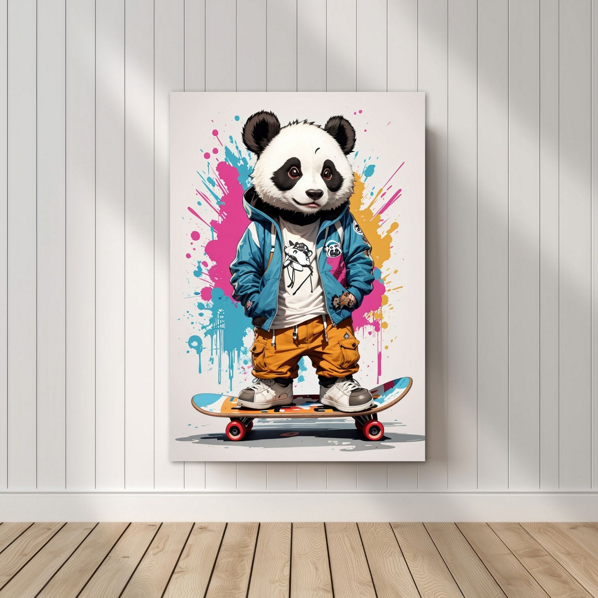 Denne unike plakaten eller lerretet viser en panda som står på skateboard, ikledd blå hettejakke, cool, oransje bukse og sneakers. Motivet har en fargerik splash på grå bakgrunn. Illustrasjonsfoto viser motivet på lerret.
