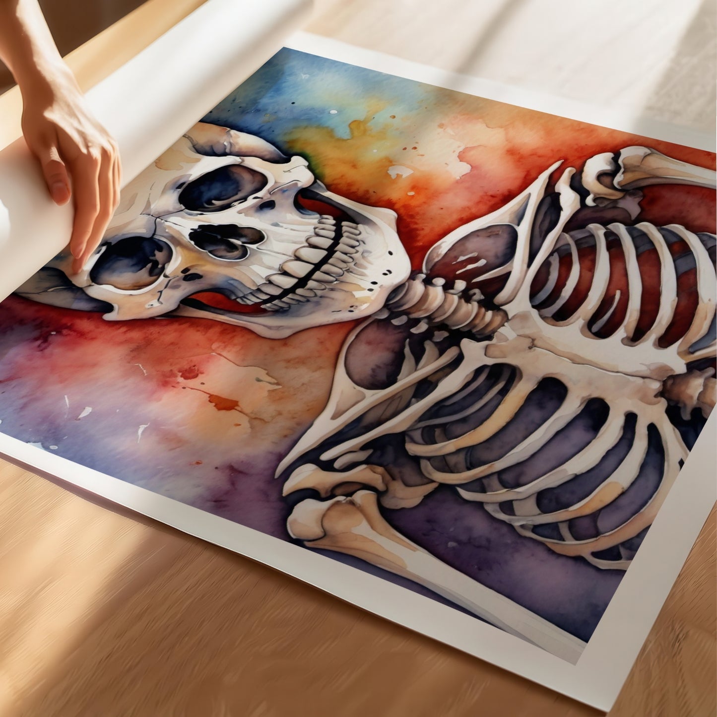 “Skeleton Smile” kombinerer humor og mørke i ett motiv – et smilende skjelett i varme oransje, røde og blå fargetoner. Illustrasjon viser plakat på print.