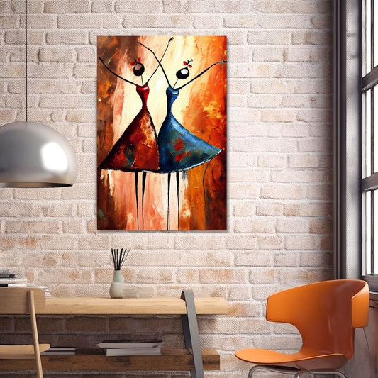 Grafisk abstrakt maleri av to kvinner i rød og blå kjole fanger øyeblikkelig oppmerksomheten med sin levende fargepalett og unike design. Illustrasjonsbilde viser motivet på lerret.