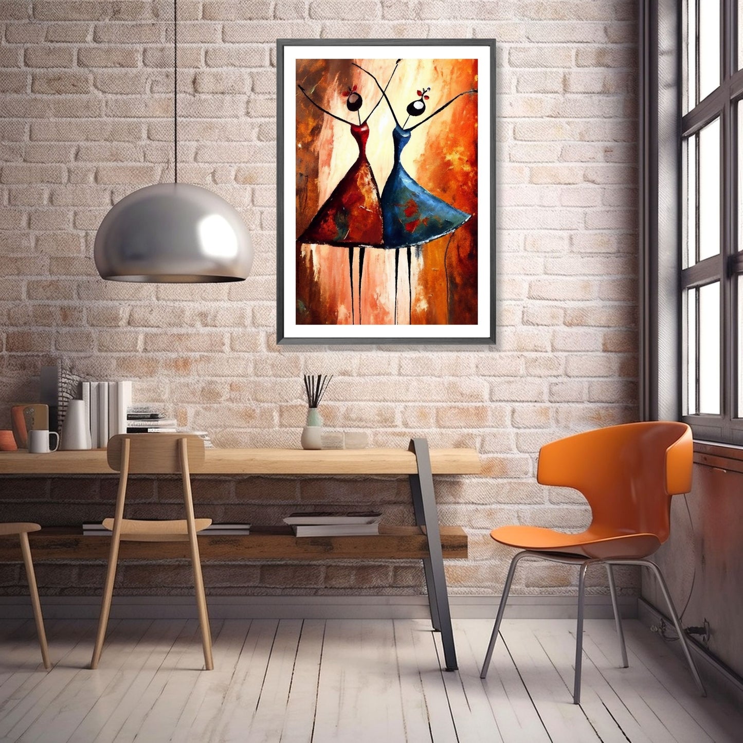 Grafisk abstrakt maleri av to kvinner i rød og blå kjole fanger øyeblikkelig oppmerksomheten med sin levende fargepalett og unike design. Illustrasjonsbilde viser motivet som plakat i sort ramme.