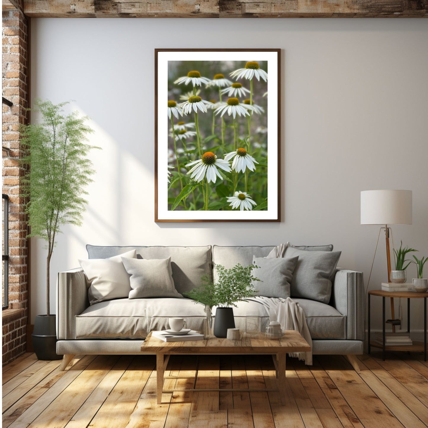 Eng med hvit solhatt i full blomstring. Motivet er dekorativt både som plakat og på lerret. Miljøbildet viser motivet i sort ramme.