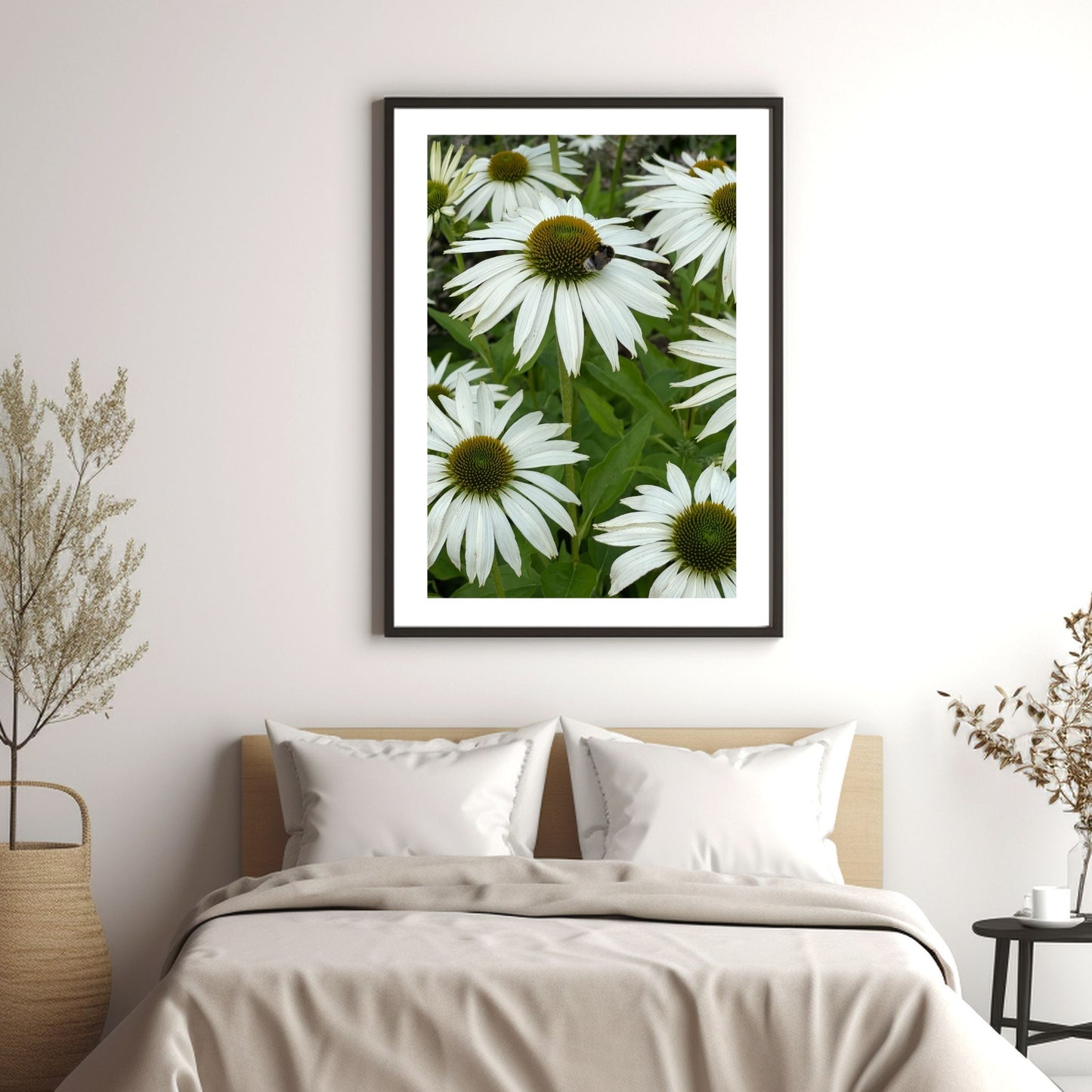 Eng med hvit solhatt i full blomstring. En bie sitter på den ene blomsten. Motivet er dekorativt både som plakat og på lerret. Miljøbildet viser motivet i sort ramme hengende over en seng.