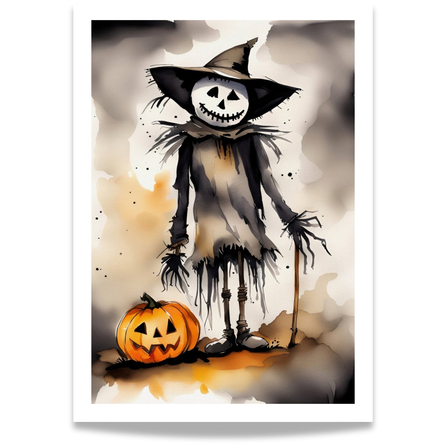 Denne plakaten viser et skummelt fugleskremsel med et bredt, skjelettaktig smil, akkompagnert av et tradisjonelt Jack-O'-Lantern gresskar.