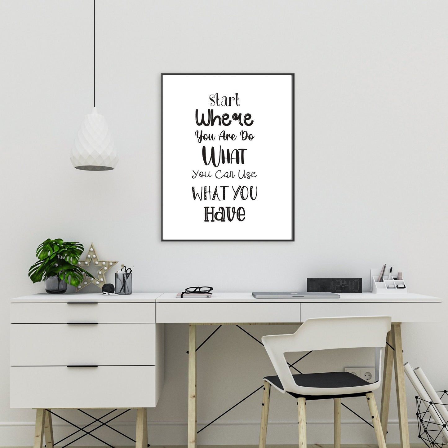 Grafisk tekstplakat med tekst "Start where you are, do what you can, use what you have" med sort tekst på hvit bakgrunn. Illustrasjon viser plakat i sort ramme på en vegg over et skrivebord.