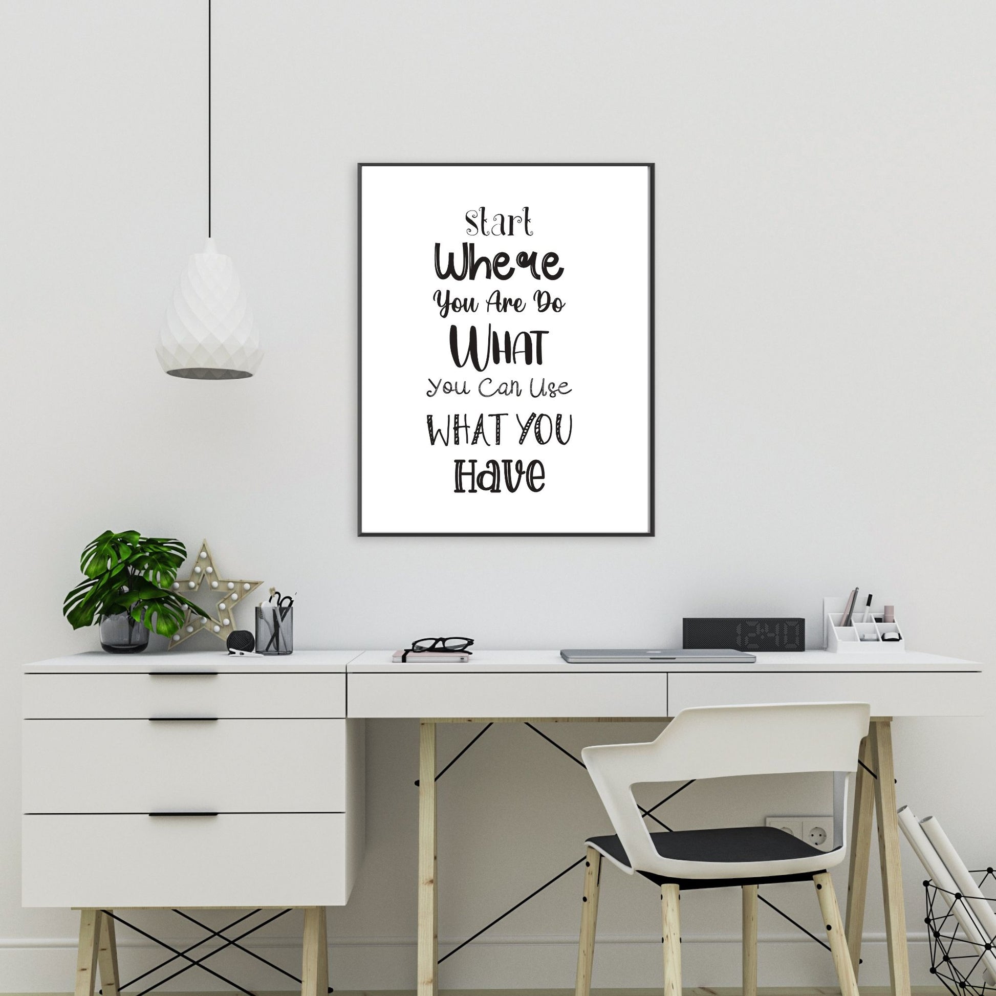 Grafisk tekstplakat med tekst "Start where you are, do what you can, use what you have" med sort tekst på hvit bakgrunn. Illustrasjon viser plakat i sort ramme på en vegg over et skrivebord.