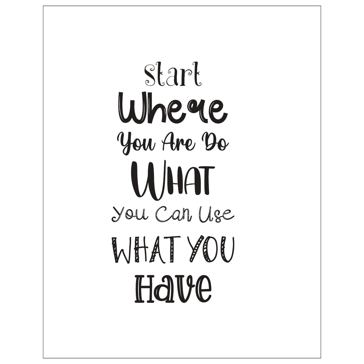 Grafisk tekstplakat med tekst "Start where you are, do what you can, use what you have" med sort tekst på hvit bakgrunn.