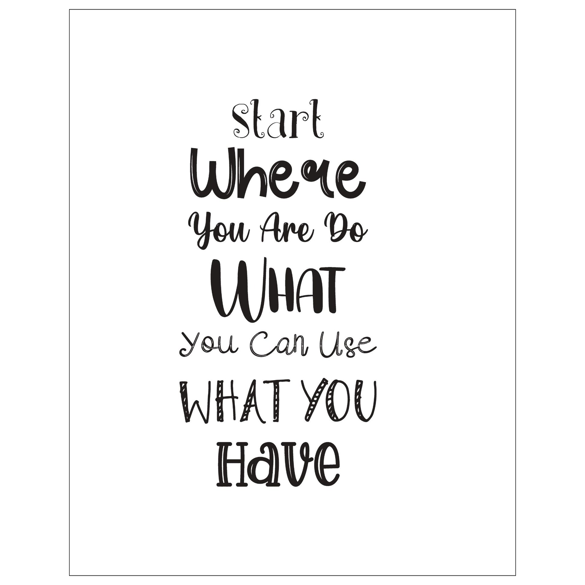 Grafisk tekstplakat med tekst "Start where you are, do what you can, use what you have" med sort tekst på hvit bakgrunn.