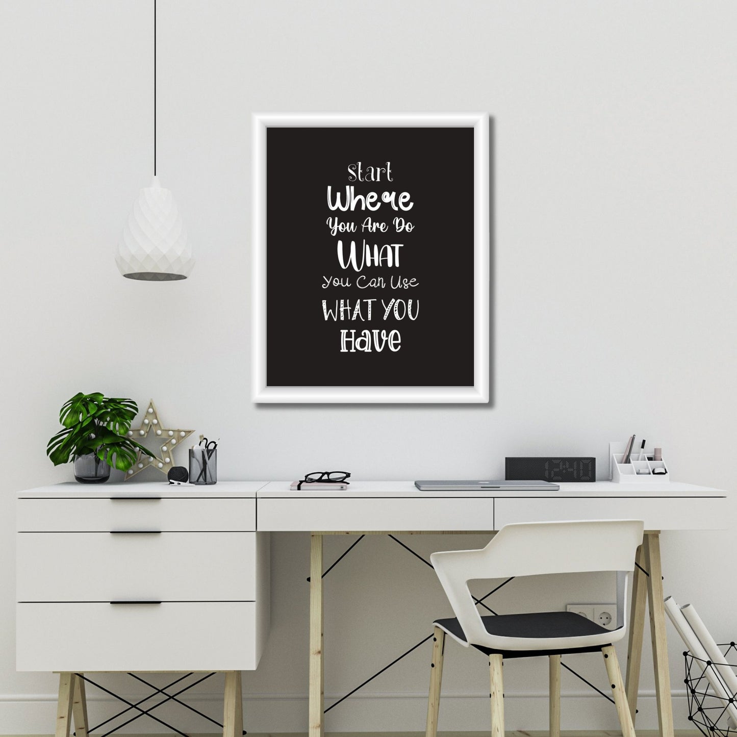 Grafisk tekstplakat med tekst "Start where you are, do what you can, use what you have" med hvit tekst på sort bakgrunn. Illustrasjon viser plakat i hvit ramme på en vegg over et skrivebord.