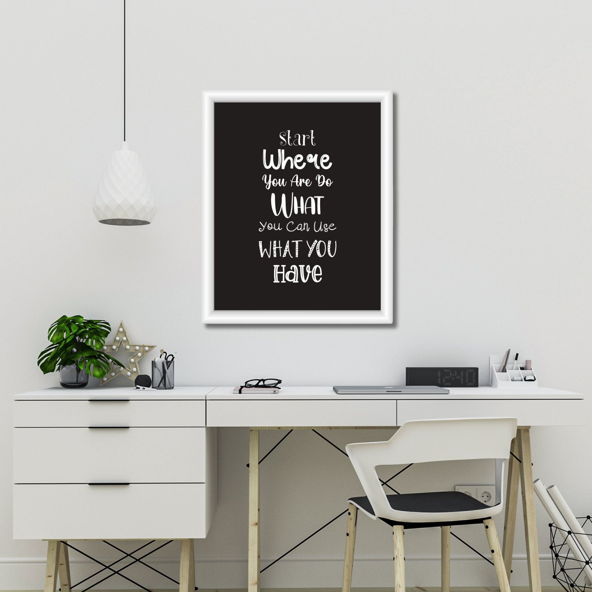 Grafisk tekstplakat med tekst "Start where you are, do what you can, use what you have" med hvit tekst på sort bakgrunn. Illustrasjon viser plakat i hvit ramme på en vegg over et skrivebord.
