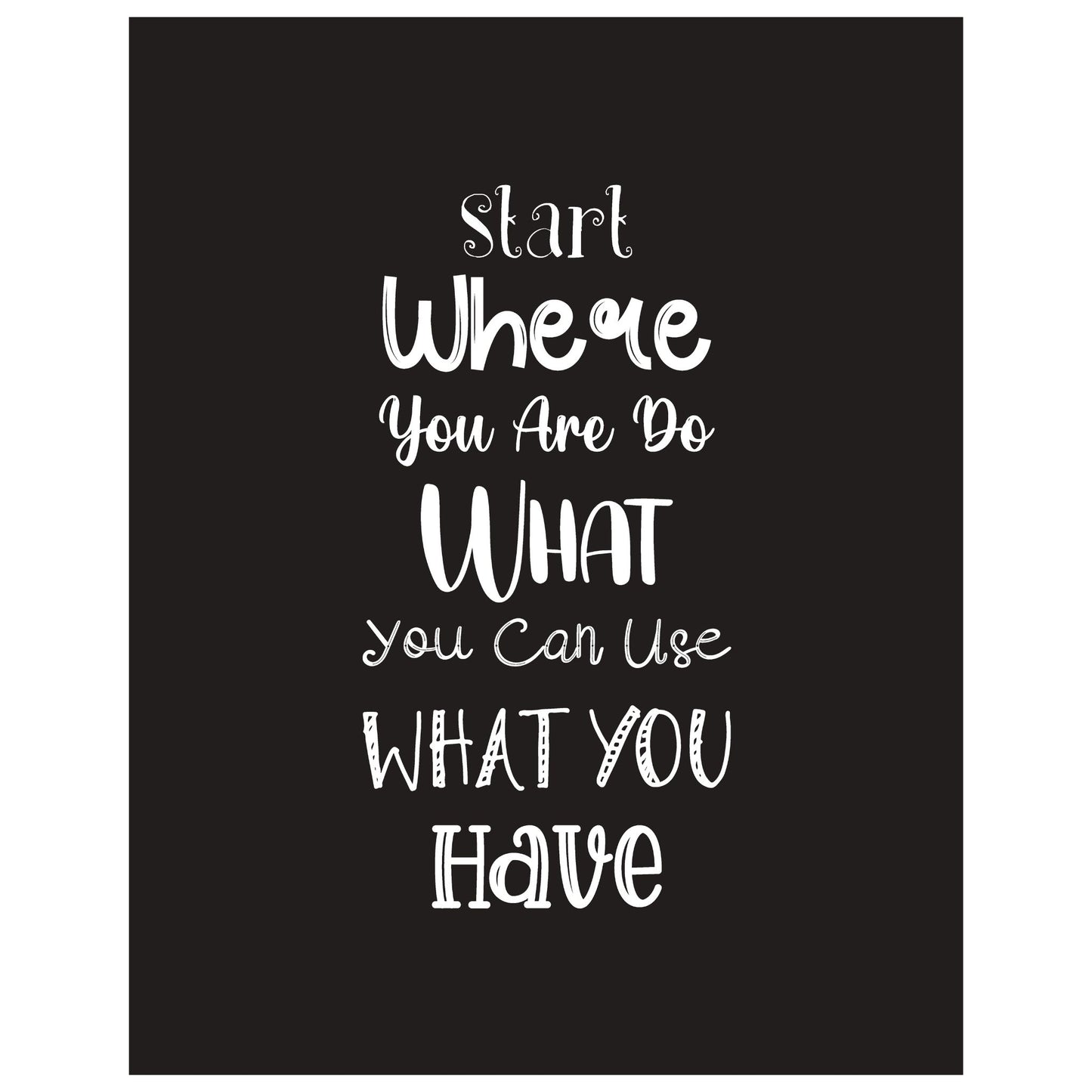 Grafisk tekstplakat med tekst "Start where you are, do what you can, use what you have" med hvit tekst på sort bakgrunn.