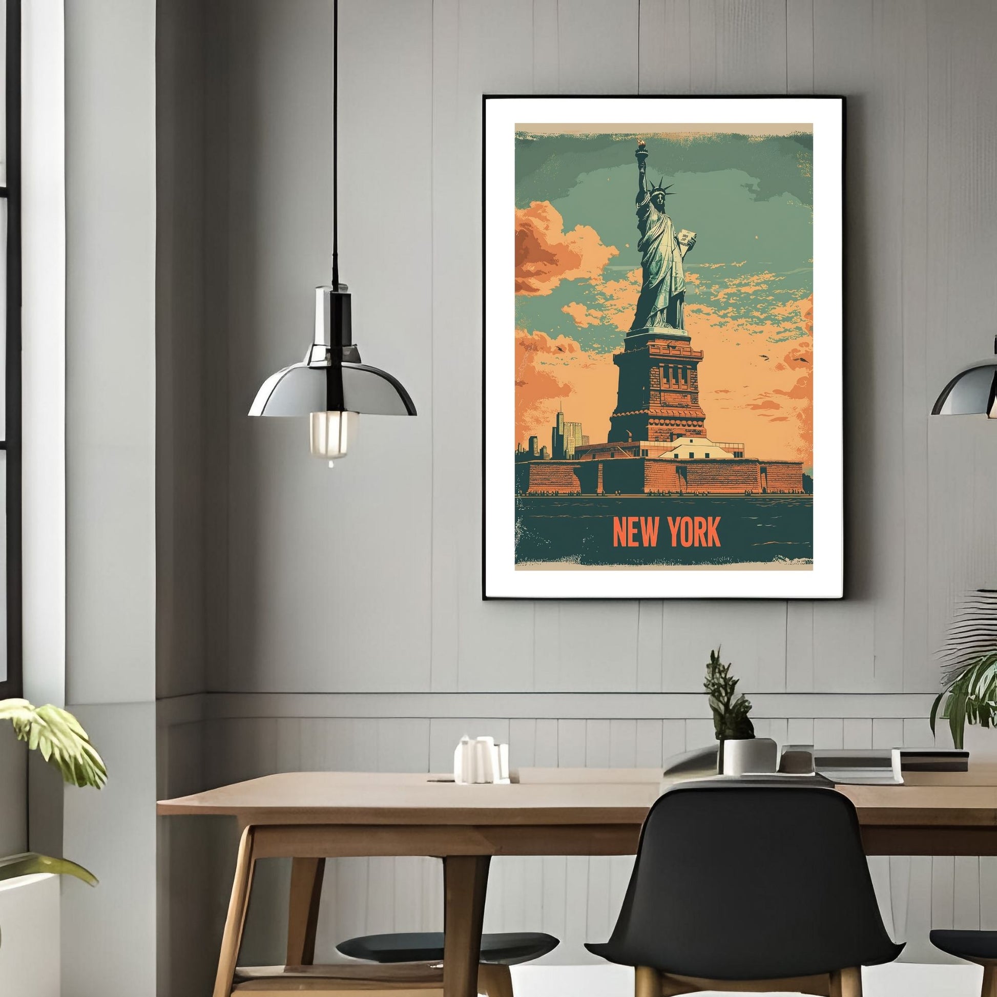 Grafisk illustrasjon av Frihetsgudinnen. Illustrasjonsbildet viser motivet som plakat i ramme.