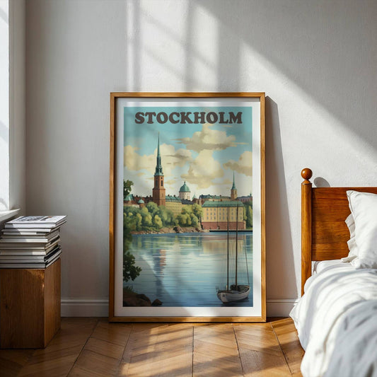 Denne stemningsfulle plakaten fanger det ikoniske bybildet av Stockholm, sett fra vannet, med klassiske bygninger, kirketårn og seilbåt. Illustrasjon viser plakat i eik ramme.
