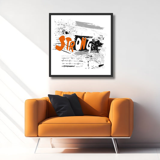 Denne unike grafiske graffiti-illustrasjonen fremhever ordet "Stronger" med iøynefallende bokstaver i svart, hvit og oransje på hvit bakgrunn. Illustrasjonsfoto viser plakaten i svart ramme.