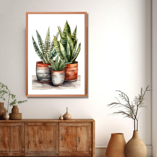 Grafisk akvarell av tre terrakottapotter med sukulenter. Illustrasjonen viser motivet i ramme av eik.
