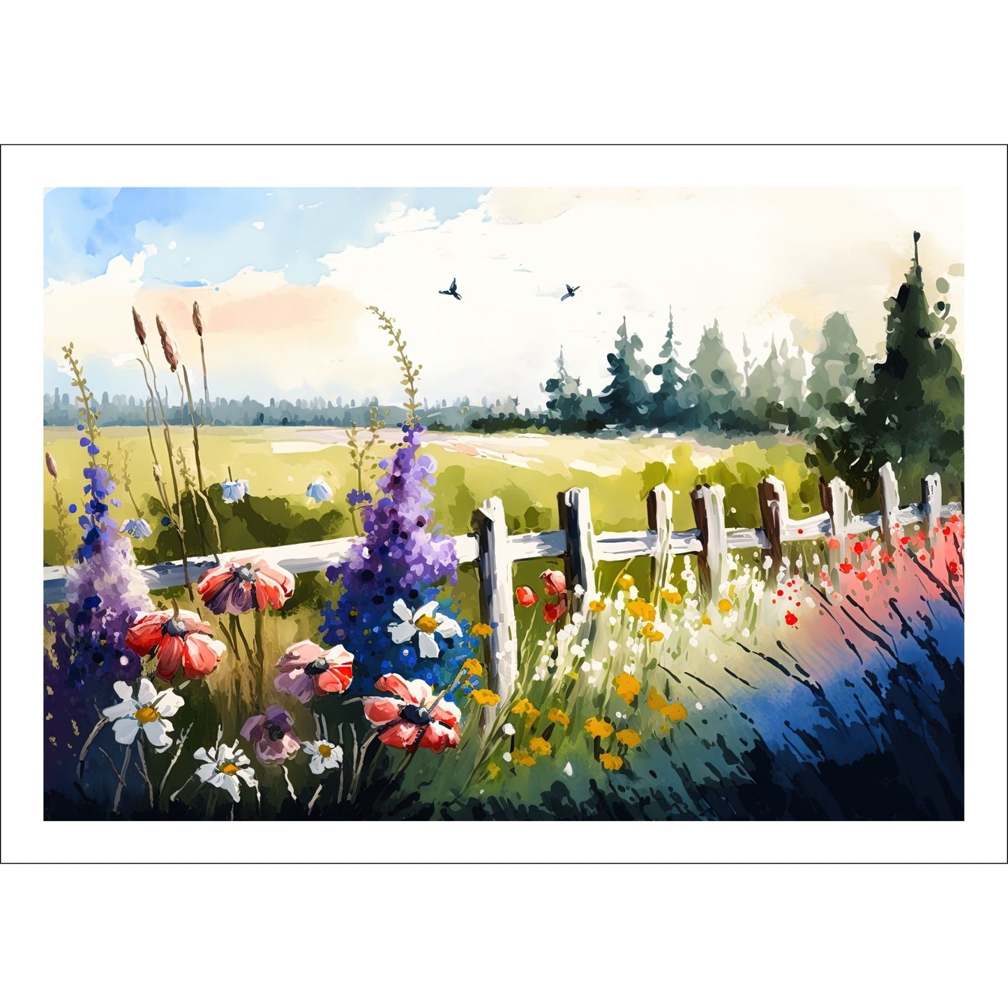 Denne grafiske akvarellen, fremstilt med kunstig intelligens, fanger essensen av et sommerlig landskap.