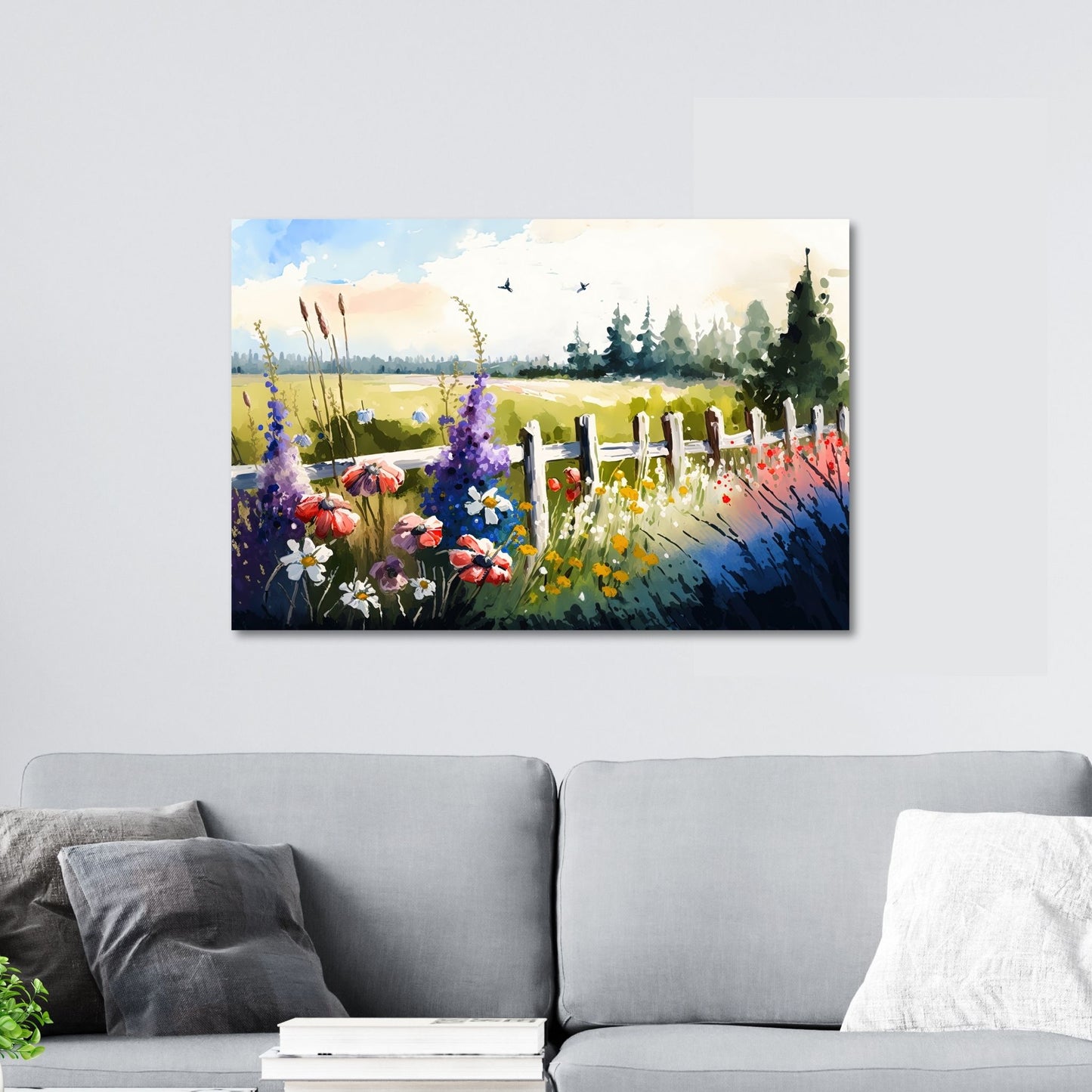 Denne grafiske akvarellen, fremstilt med kunstig intelligens, fanger essensen av et sommerlig landskap. Illustrasjonsfoto viser motivet på lerret.