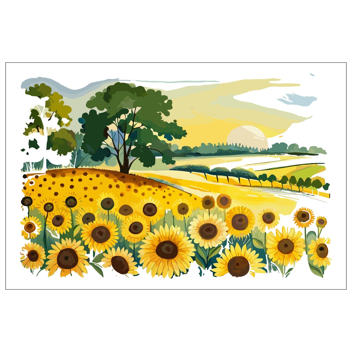 Opplev skjønnheten i naturen med "Sunflower Fields" plakat fra vår unike serie grafiske akvarellmalerier.