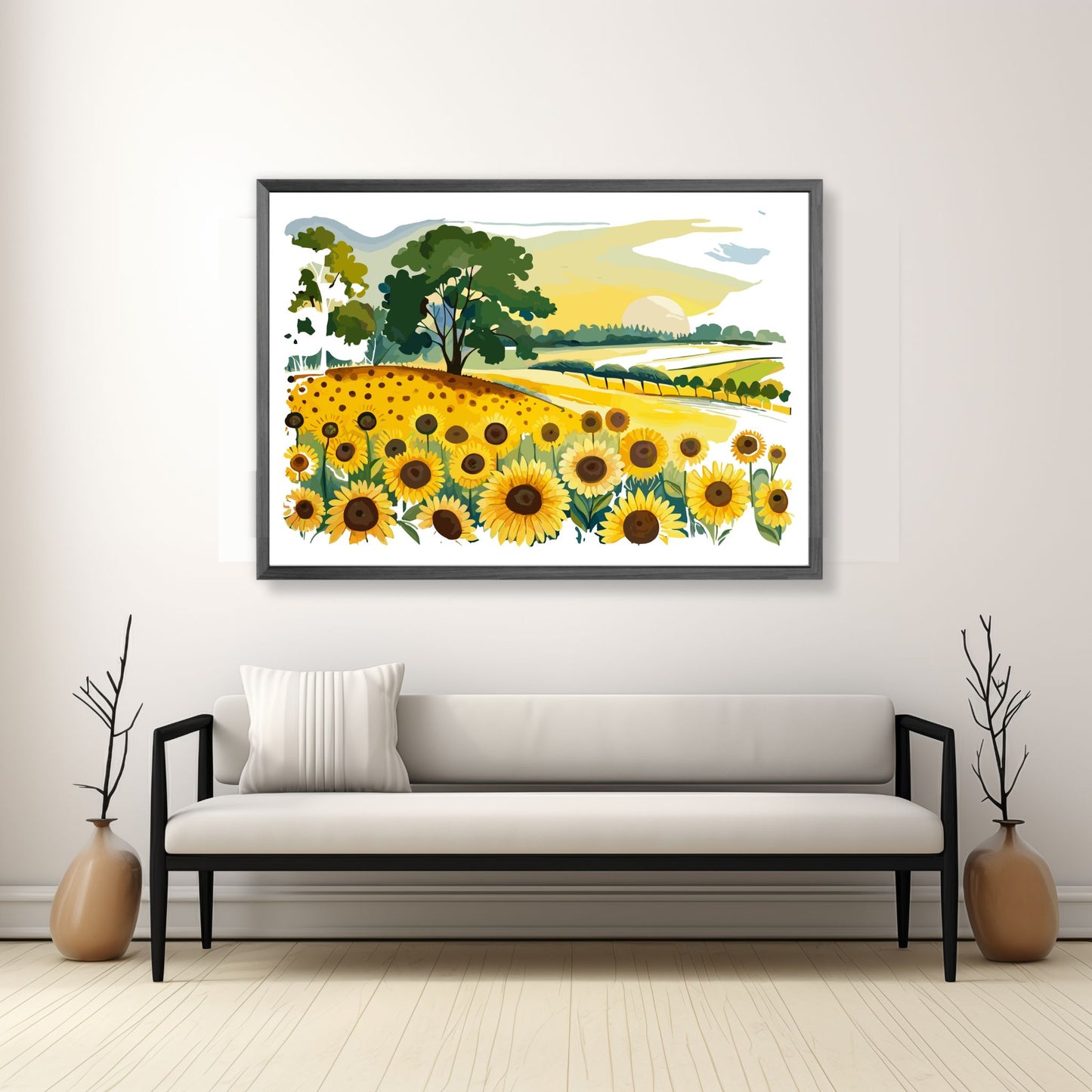 Opplev skjønnheten i naturen med "Sunflower Fields" plakat fra vår unike serie grafiske akvarellmalerier. Illustrasjonsfoto viser plakat i mørk grå ramme.