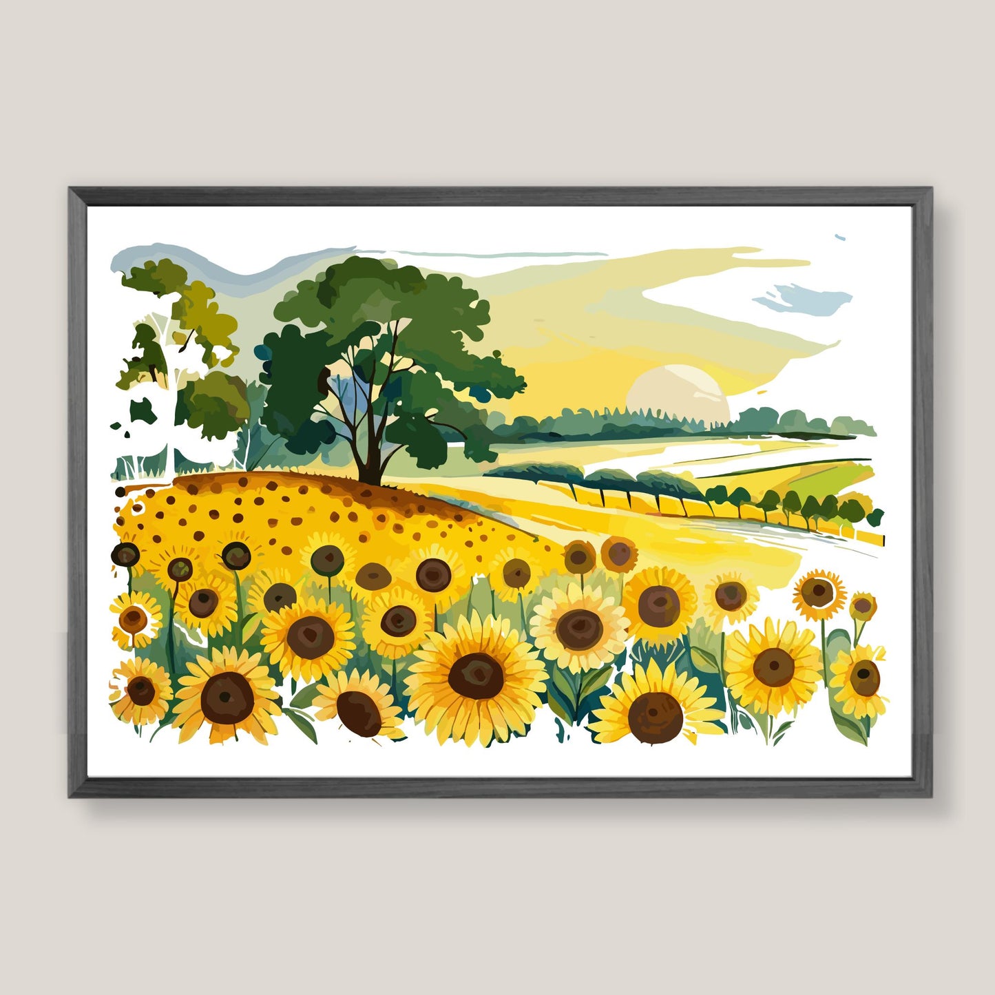 Opplev skjønnheten i naturen med "Sunflower Fields" plakat fra vår unike serie grafiske akvarellmalerier. Illustrasjonsfoto viser plakat i mørk grå ramme.