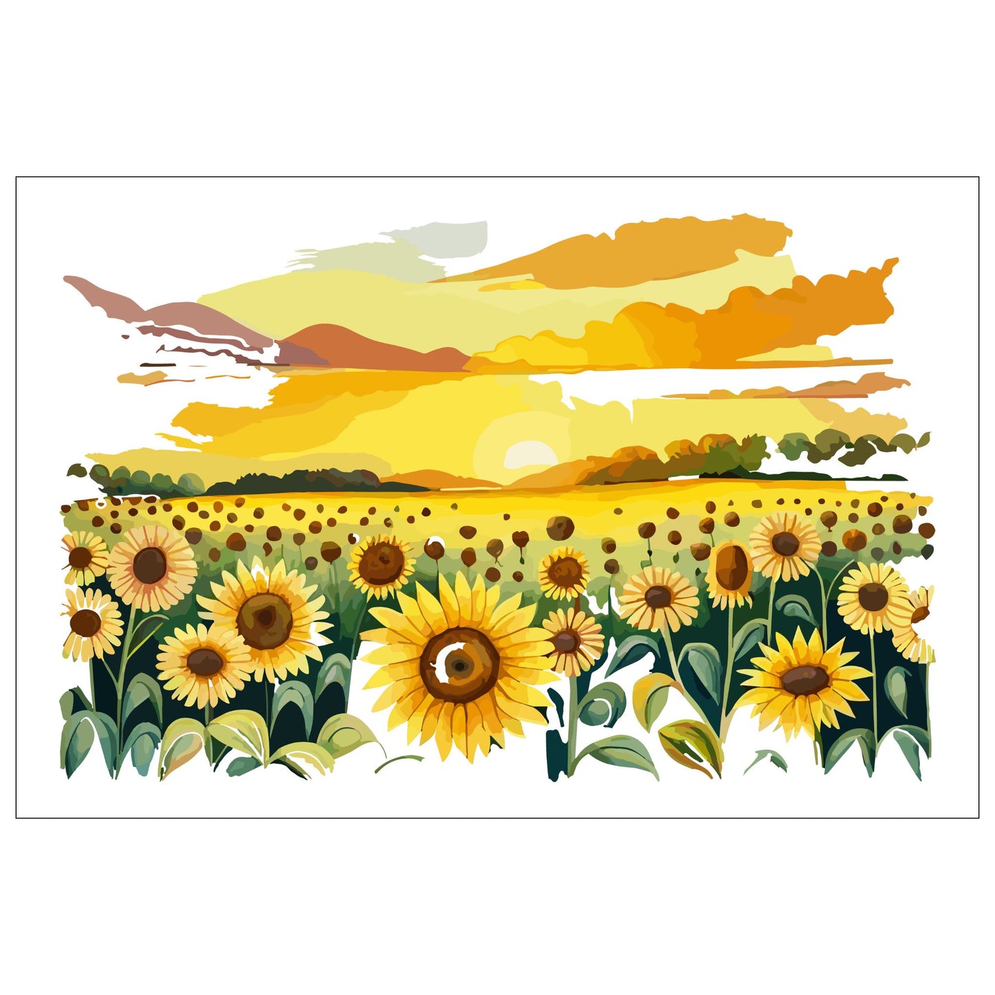 Opplev skjønnheten i naturen med "Sunflower Fields" plakat fra vår unike serie grafiske akvarellmalerier.