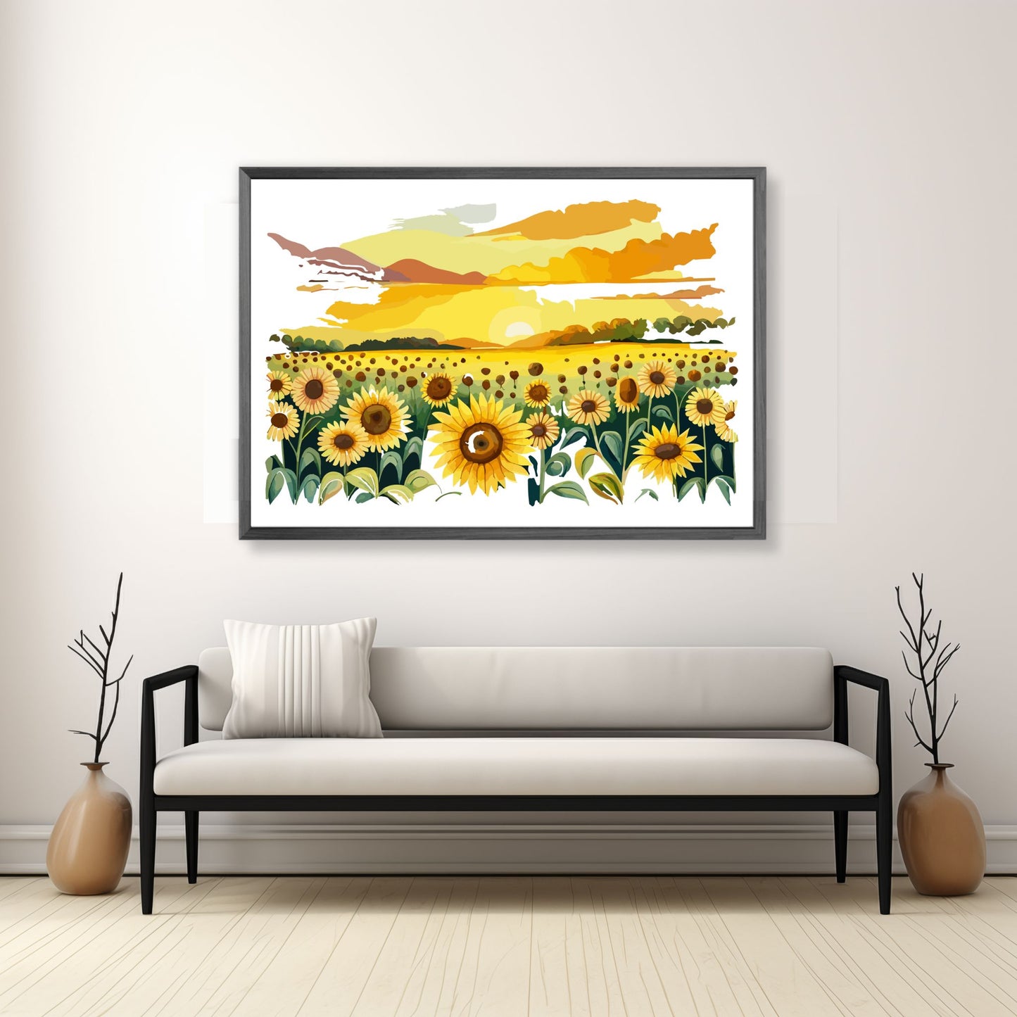 Opplev skjønnheten i naturen med "Sunflower Fields" plakat fra vår unike serie grafiske akvarellmalerier. Illustrasjonsfoto viser plakat i mørk grå ramme.