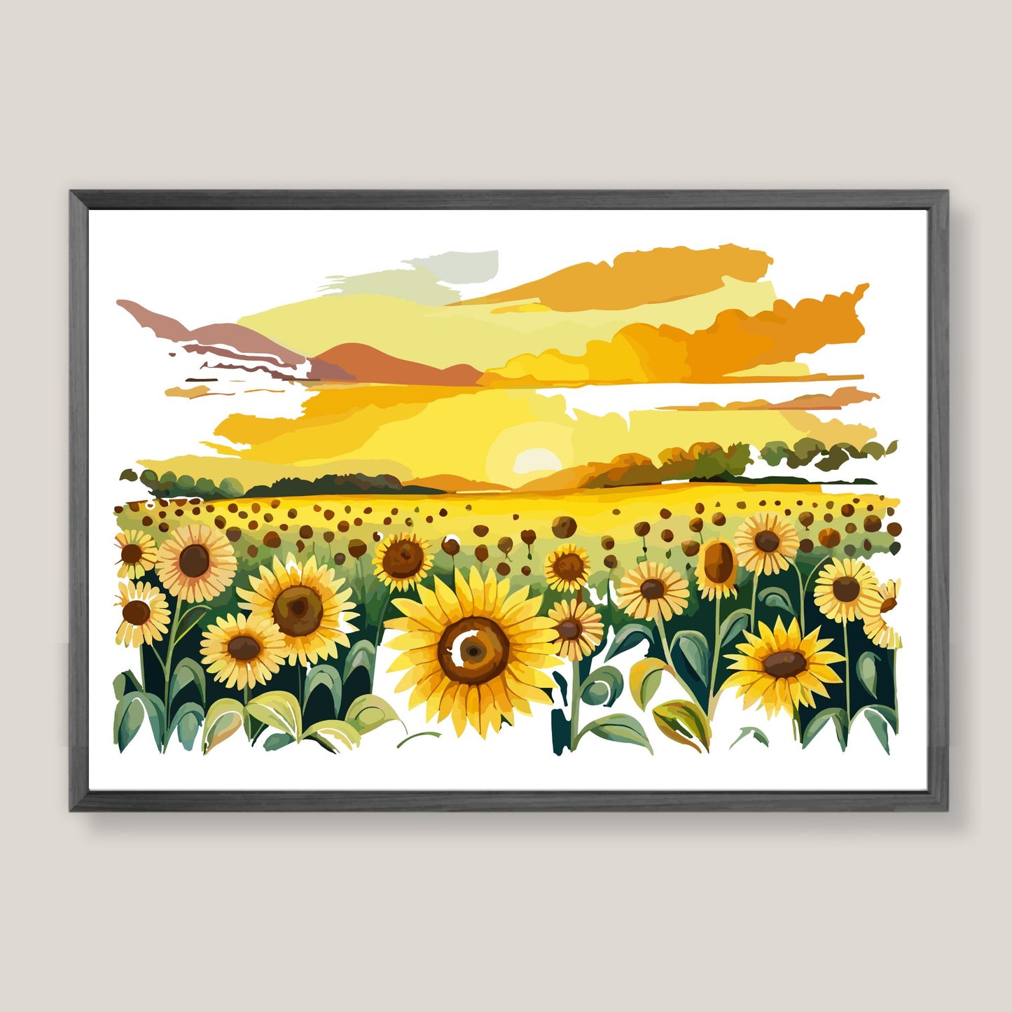 Opplev skjønnheten i naturen med "Sunflower Fields" plakat fra vår unike serie grafiske akvarellmalerier. Illustrasjonsfoto viser plakat i mørk grå ramme.