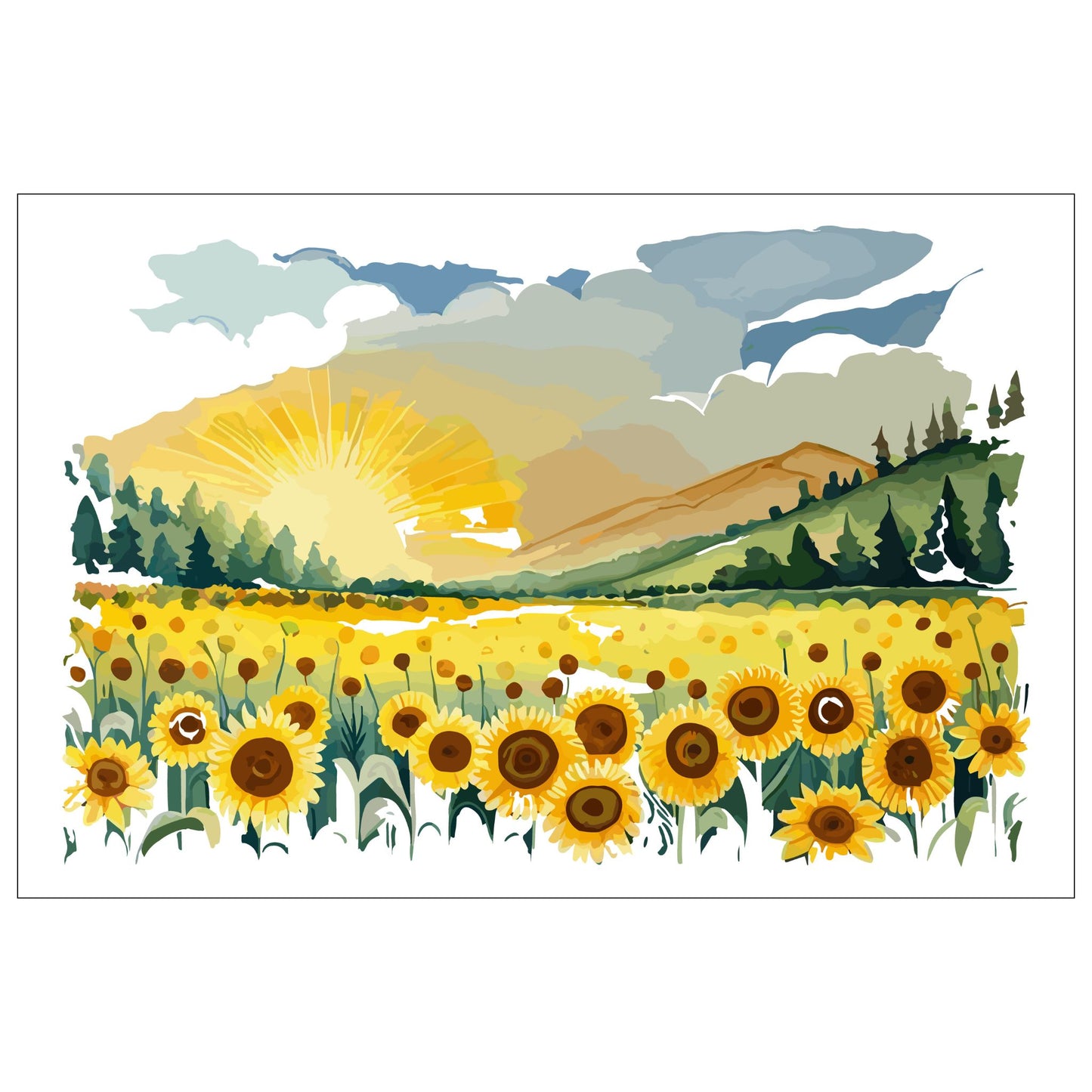 Opplev skjønnheten i naturen med "Sunflower Fields" plakat fra vår unike serie grafiske akvarellmalerier.