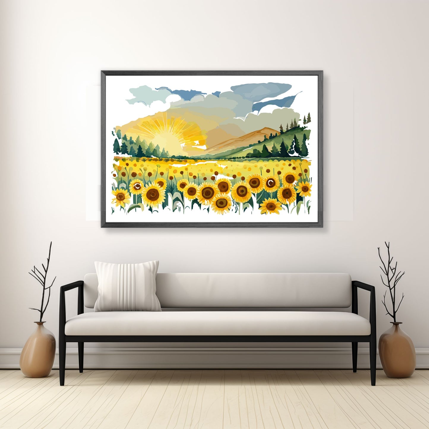 Opplev skjønnheten i naturen med "Sunflower Fields" plakat fra vår unike serie grafiske akvarellmalerier. Illustrasjonsfoto viser plakat i mørk grå ramme.