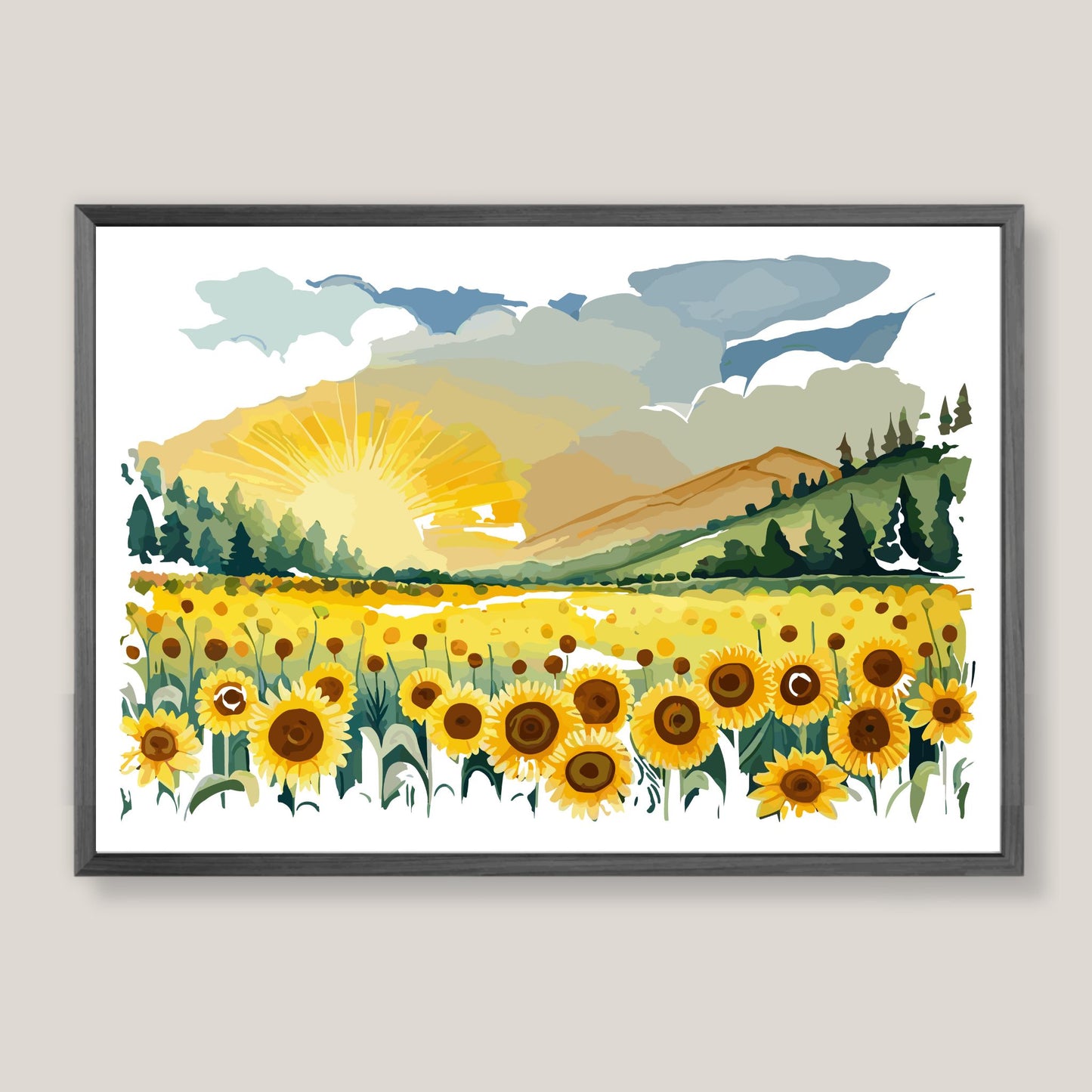 Opplev skjønnheten i naturen med "Sunflower Fields" plakat fra vår unike serie grafiske akvarellmalerier. Illustrasjonsfoto viser plakat i mørk grå ramme.