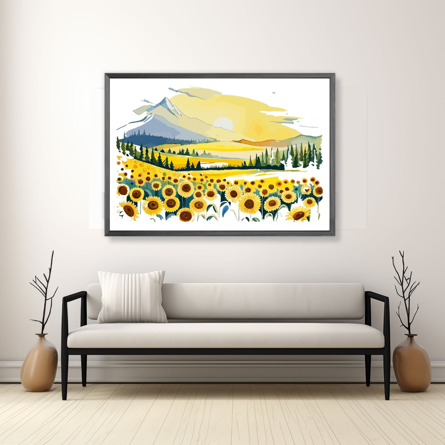 Opplev skjønnheten i naturen med "Sunflower Fields" plakat fra vår unike serie grafiske akvarellmalerier. Illustrasjonsfoto viser plakat i mørk grå ramme.