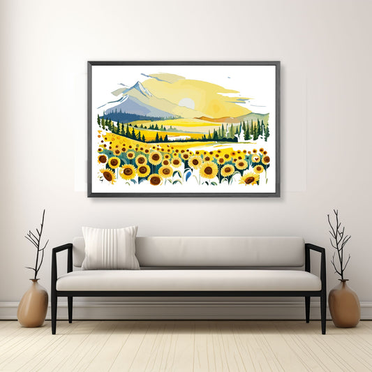 Opplev skjønnheten i naturen med "Sunflower Fields" plakat fra vår unike serie grafiske akvarellmalerier.  Illustrasjonsfoto viser plakat i mørk grå ramme.