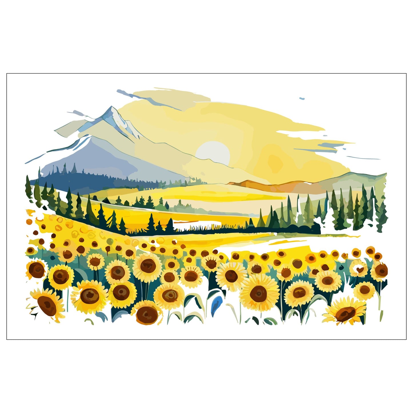 Opplev skjønnheten i naturen med "Sunflower Fields" plakat fra vår unike serie grafiske akvarellmalerier.