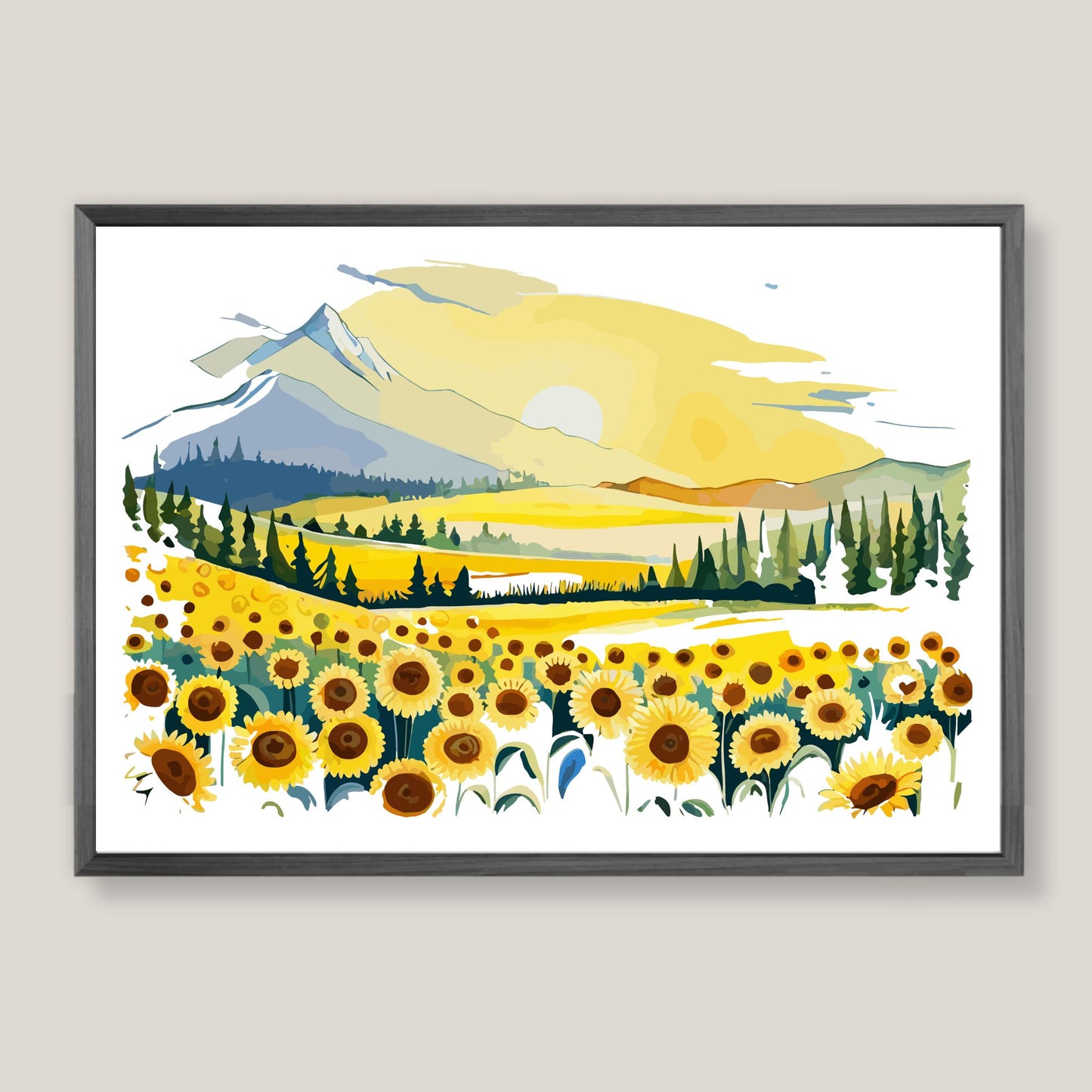 Opplev skjønnheten i naturen med "Sunflower Fields" plakat fra vår unike serie grafiske akvarellmalerier. Illustrasjonsfoto viser plakat i mørk grå ramme.