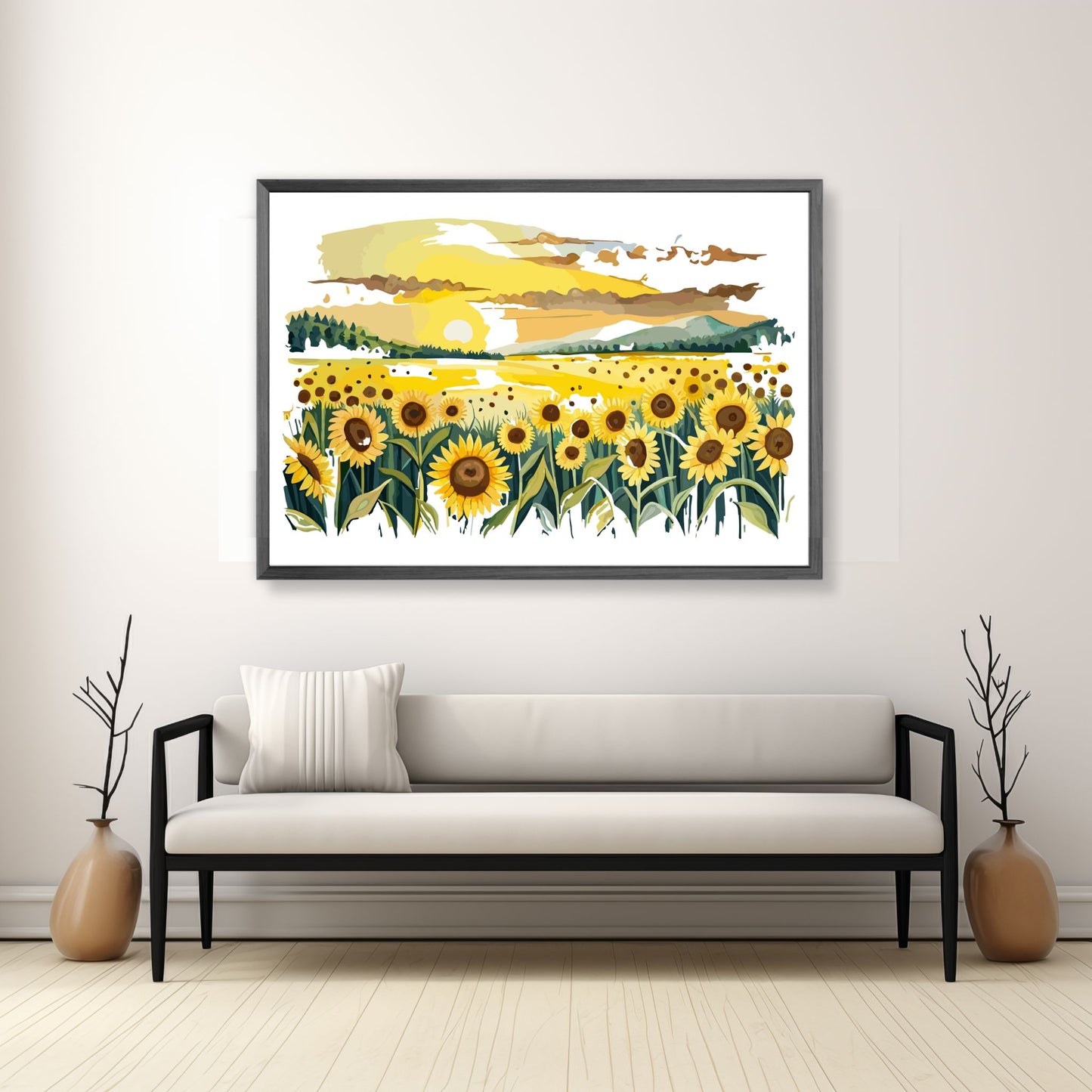 Opplev skjønnheten i naturen med "Sunflower Fields" plakat fra vår unike serie grafiske akvarellmalerier. Illustrasjonsfoto viser plakat i mørk grå ramme.
