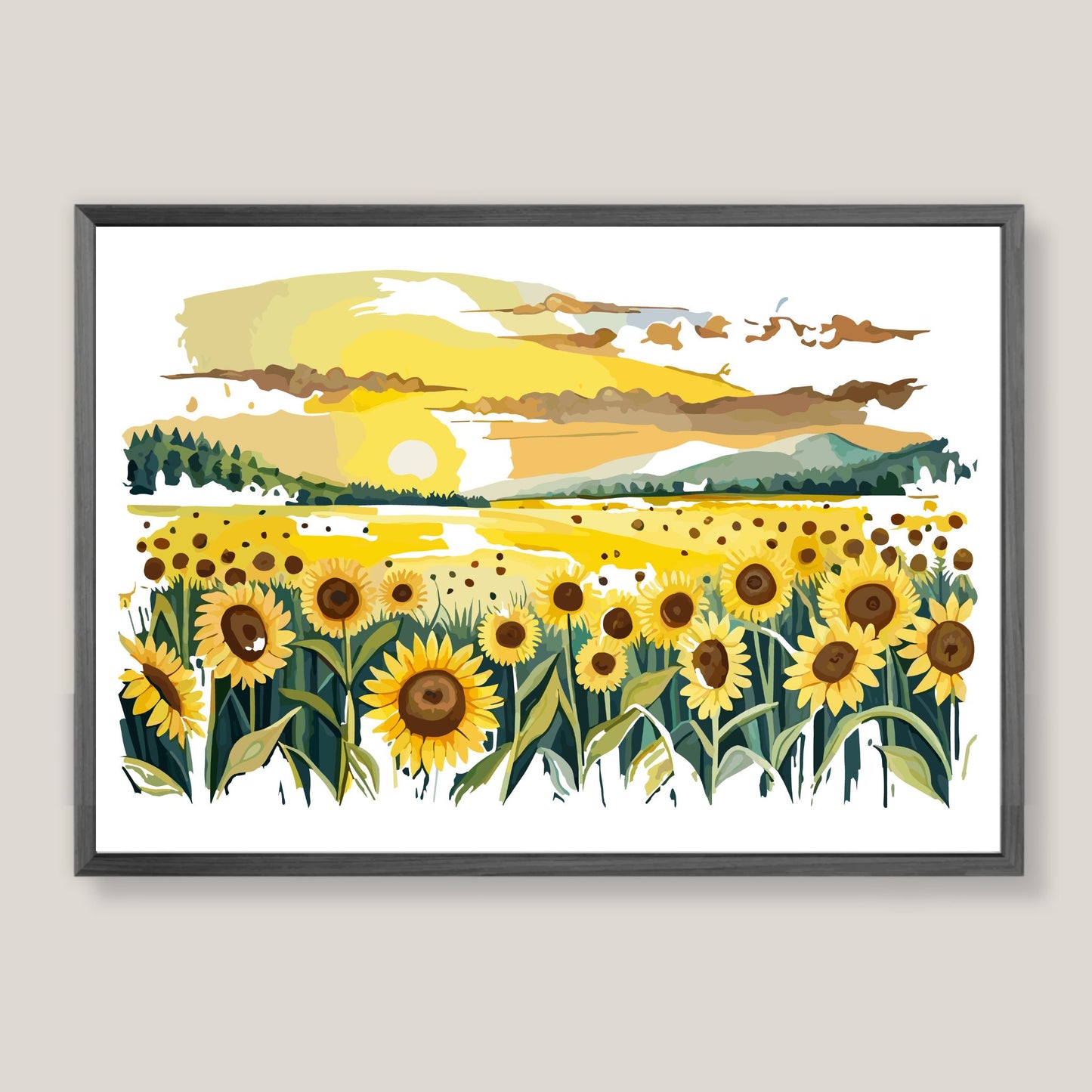 Opplev skjønnheten i naturen med "Sunflower Fields" plakat fra vår unike serie grafiske akvarellmalerier. Illustrasjonsfoto viser plakat i mørk grå ramme.