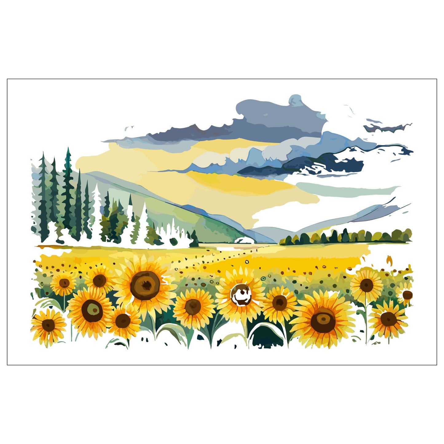 Opplev skjønnheten i naturen med "Sunflower Fields" plakat fra vår unike serie grafiske akvarellmalerier. I