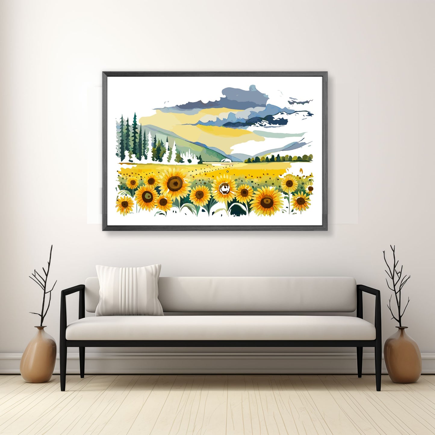 Opplev skjønnheten i naturen med "Sunflower Fields" plakat fra vår unike serie grafiske akvarellmalerier. Illustrasjonsfoto viser plakat i mørk grå ramme.